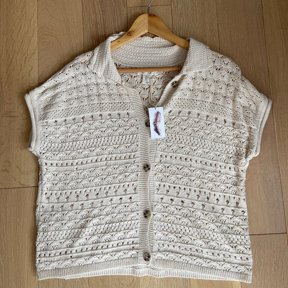 Crocheted Short Sleeve Sweater Button Up